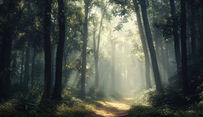 Obraz premium Sunbeams pierce misty forest path