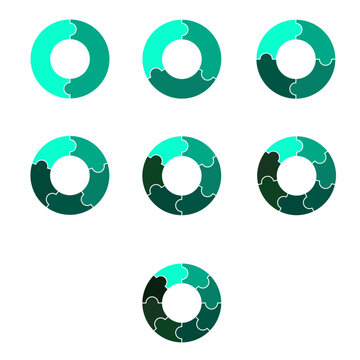 Set of circular puzzel chart diagrams. Circles puzzle cut separated on2,3, 4,5, 6,7,8 with empty middle with spacing,simple flat design vector illustration.	