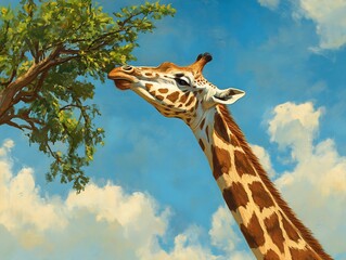 Fototapeta premium Giraffe reaching up nibble highest tree branches in an open savanna the sky vivid and blue behind it with wispy clouds emphasizing the grandeur of the animal and its connection to the vast landscape
