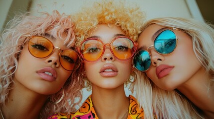 Three women wear colorful sunglasses and have vibrant, curly hair