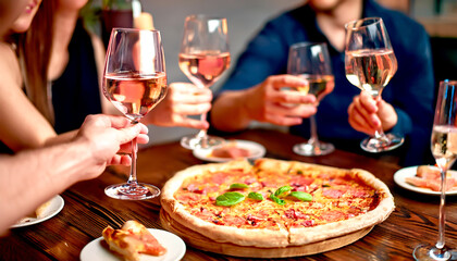 Pizza, Wein, Freunde, Geselligkeit 