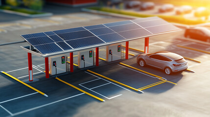 Solar-powered electric vehicle charging station with parked car in modern parking lot on a sunny day.