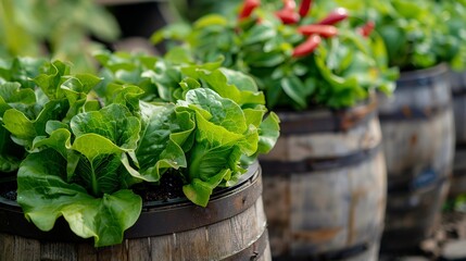 Cozy countryside kitchen garden wooden planters growing lush green lettuce and chili peppers