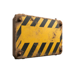 Old rusty metal sign with black and yellow stripes and arrow shape in center