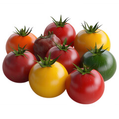 Fototapeta premium Vibrant Tomato Variety: An eye-level shot showcases a collection of fresh, ripe tomatoes in various colors, presenting the organic beauty of a healthy harvest.