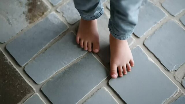 A child standing on a cold stone floor