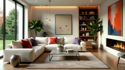 A living room with a white couch and a fireplace