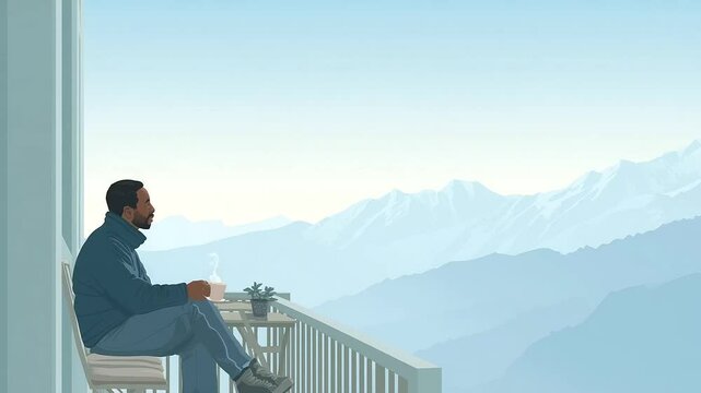 A person enjoying tea on a balcony with mountain views