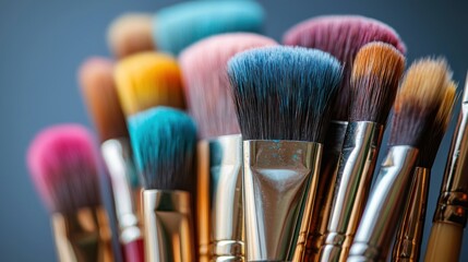 Vivid array of cosmetic brushes with colorful bristles on a dark background