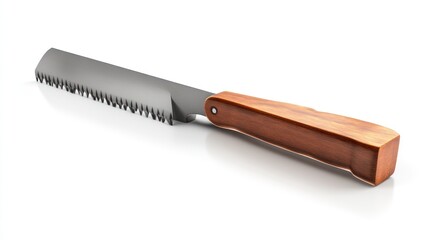 A serrated knife with a wooden handle ideal for culinary and kitchen tasks