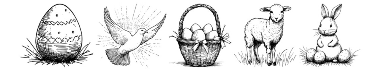 easter symbols with egg, dove, basket, lamb and bunny vector hand drawn doodle ink sketch