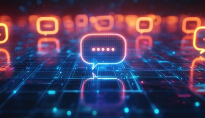 Digital communication concept.  Futuristic, glowing chat bubbles on a network grid
