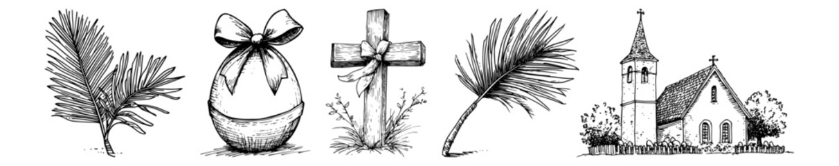 christian easter drawings of palm leaves, cross, egg with bow and church vector hand drawn doodle ink sketch