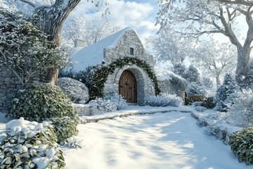 Fototapeta premium Winter landscape with snow-covered garden and rustic stone building in daylight