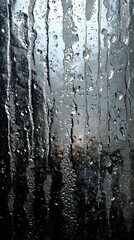 Obraz premium Water streaks and droplets flow vertically down a dark, reflective surface