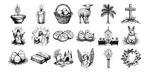 easter and christian symbols including jesus, lamb, bible, cross, eggs and church vector hand drawn doodle ink sketch © Kaz