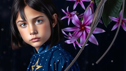A girl and flowers.