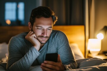 A man relaxing in bed at night, looking at his phone with a focused expression.