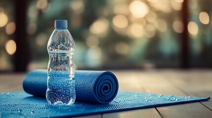 Plastic water bottle on rolled blue yoga mat with soft morning light creating peaceful fitness and wellness workout background
