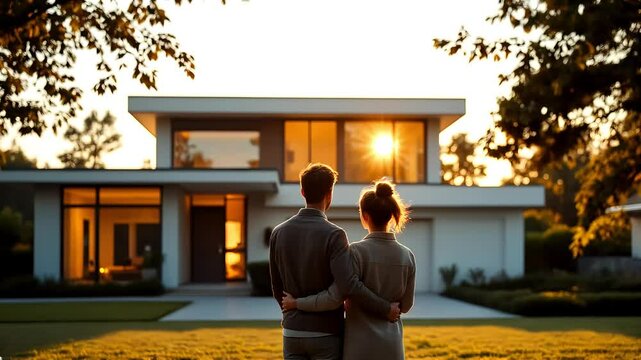 Happy couple hugging in front of modern dream house, rear view, new home ownership, mortgage success celebration scene

