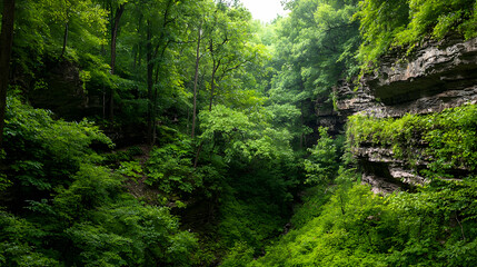 Dense Forest Canopy With Lush Green Vegetation And Rocky Terrain