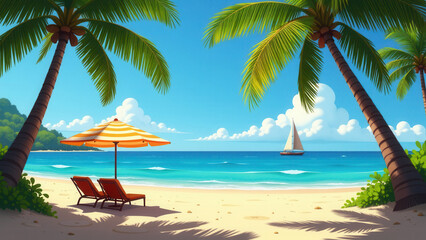 A beach scene with palm trees and a beach chair