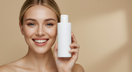 Woman Smiling Holding White Bottle for Skincare Product Mockup