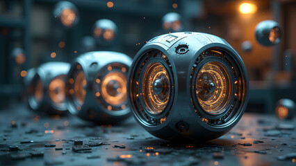 Cybernetic dice with transparent panels reveal mechanical insides, surrounded by floating gears and microchips in a futuristic workshop with holographic schematics.