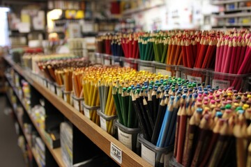Fototapeta premium A vibrant display of colorful pencils neatly arranged on shelves inside a stationery store for art.