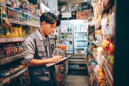 A focused Asian man in a convenience store carefully inspects and documents items on shelves.