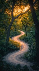 Fototapeta premium Winding path through a forest, bathed in golden sunlight, lush foliage