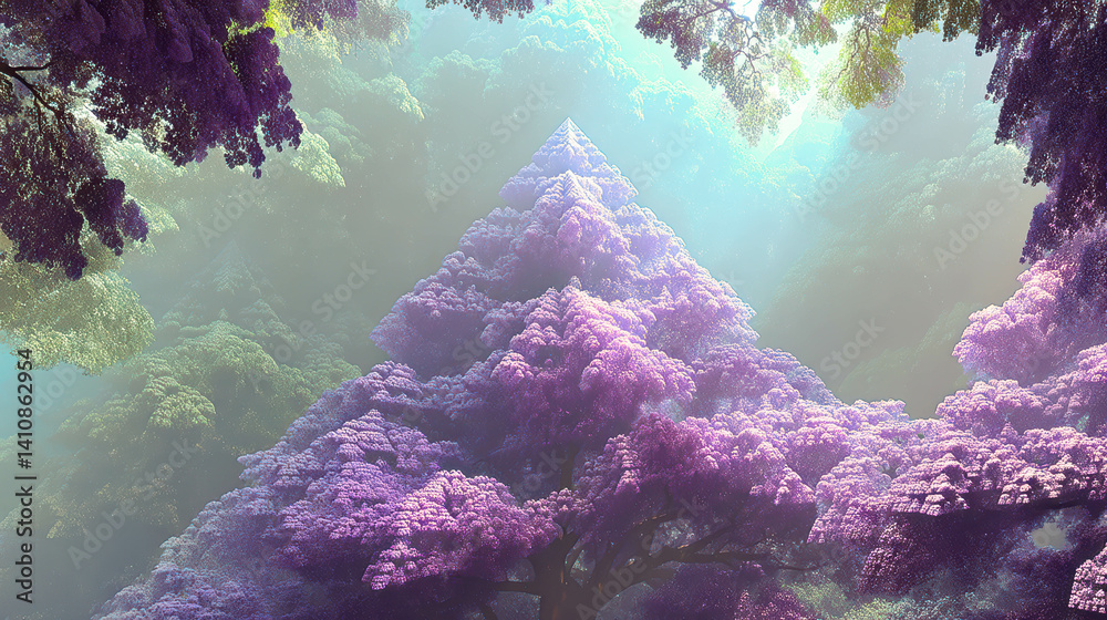 Poster fractal miracle tree of pythagoras with vibrant colors in a magical forest