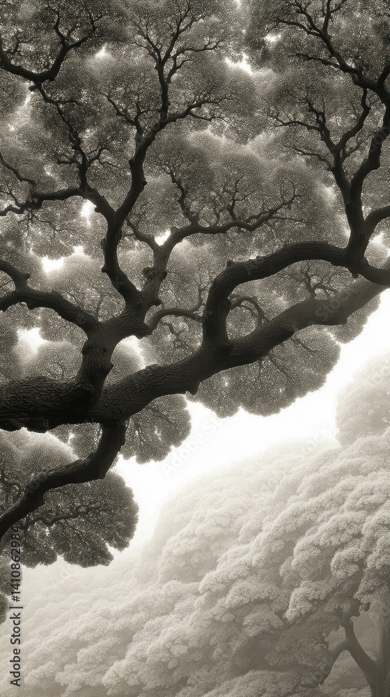 Poster Fractal design of Pythagoras tree in a misty landscape at dawn