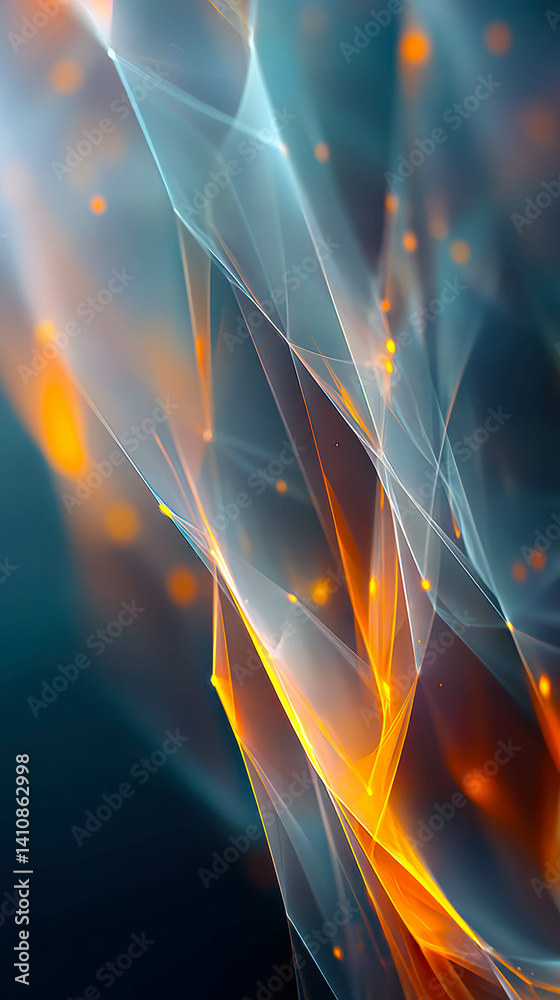 Poster Floating crystal shards illuminate a dark space with glowing edges in a sharp edged composition