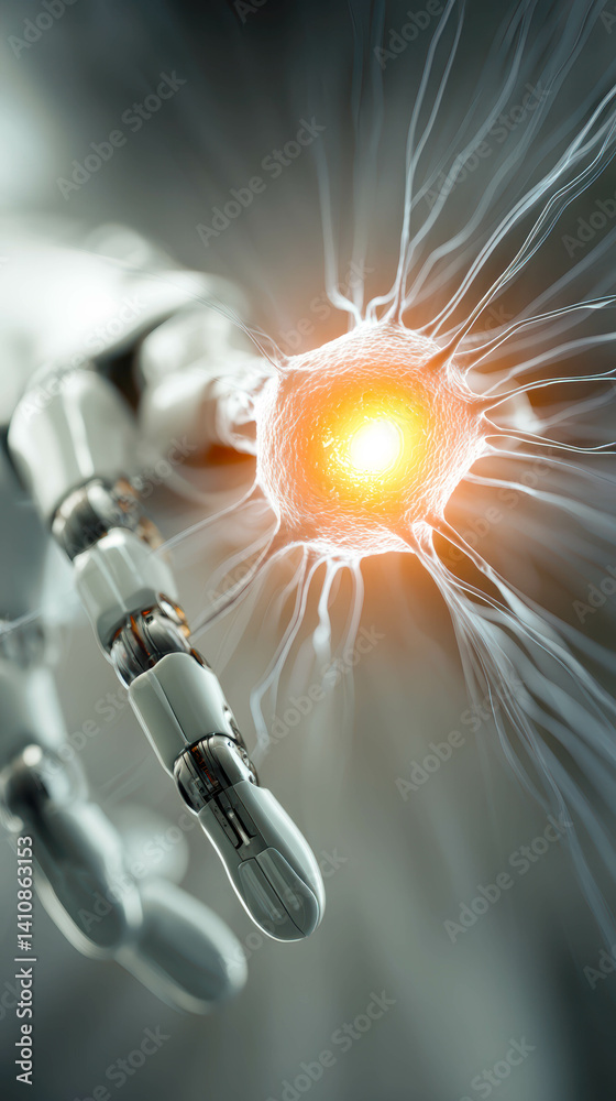 Poster Robotic hand reaches for glowing neural network core in high tech laboratory environment