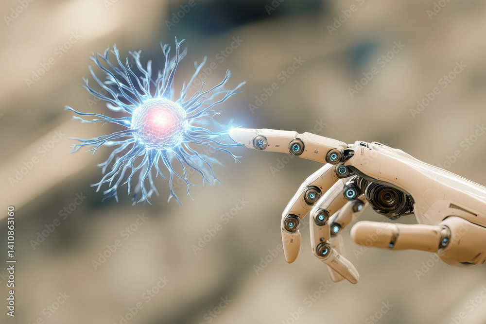 Poster Robotic hand interacts with glowing neural network core in high tech lab environment