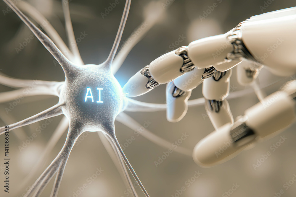 Fototapete robotic hand interacts with glowing neural network core in advanced lab environment