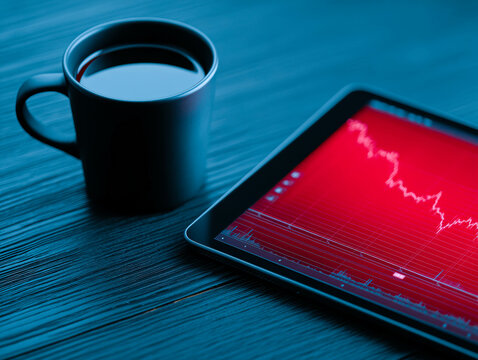 Digital stock chart on tablet with downward trend beside a coffee cup on wooden desk