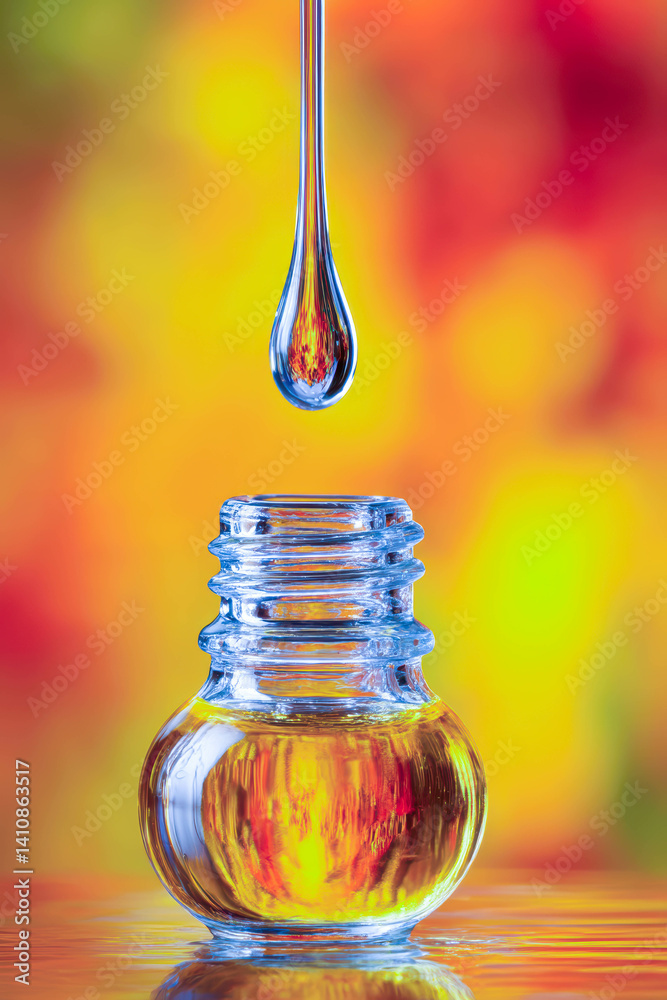 Aufkleber close up of amber dropper bottle dripping essential oil into diffuser with warm ambient light