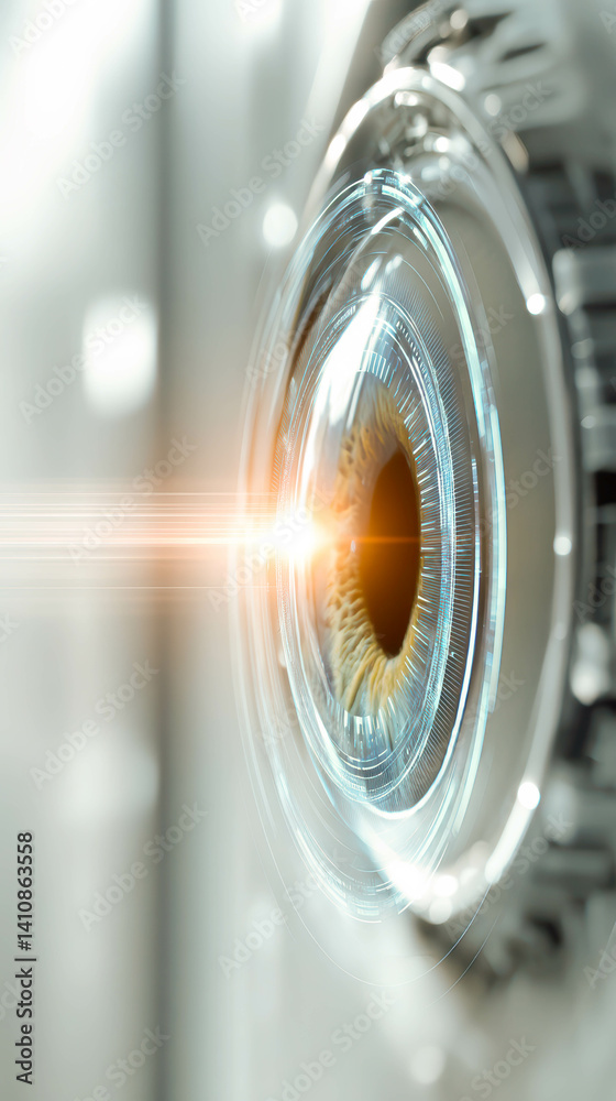 Aufkleber Close up view of biometric eye scanner embedded in doorframe capturing light and data streams