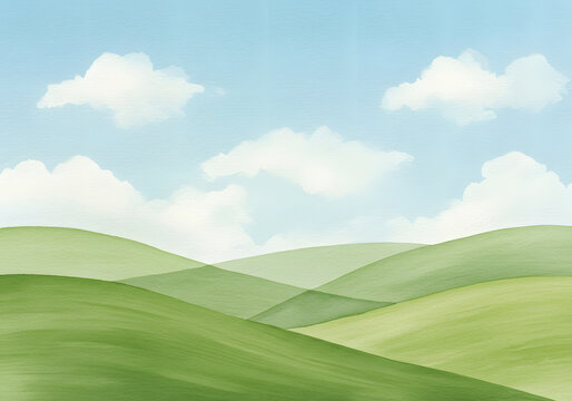 Watercolor landscape, rolling green hills under blue sky with clouds, nature art, serene background.