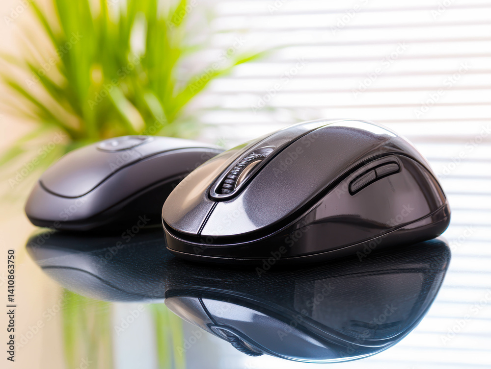 Aufkleber wireless keyboard and mouse on a minimalist desk with natural light and plants in the background