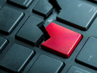Cracked red arrow key on computer keyboard symbolizes trading loss and system failure in business