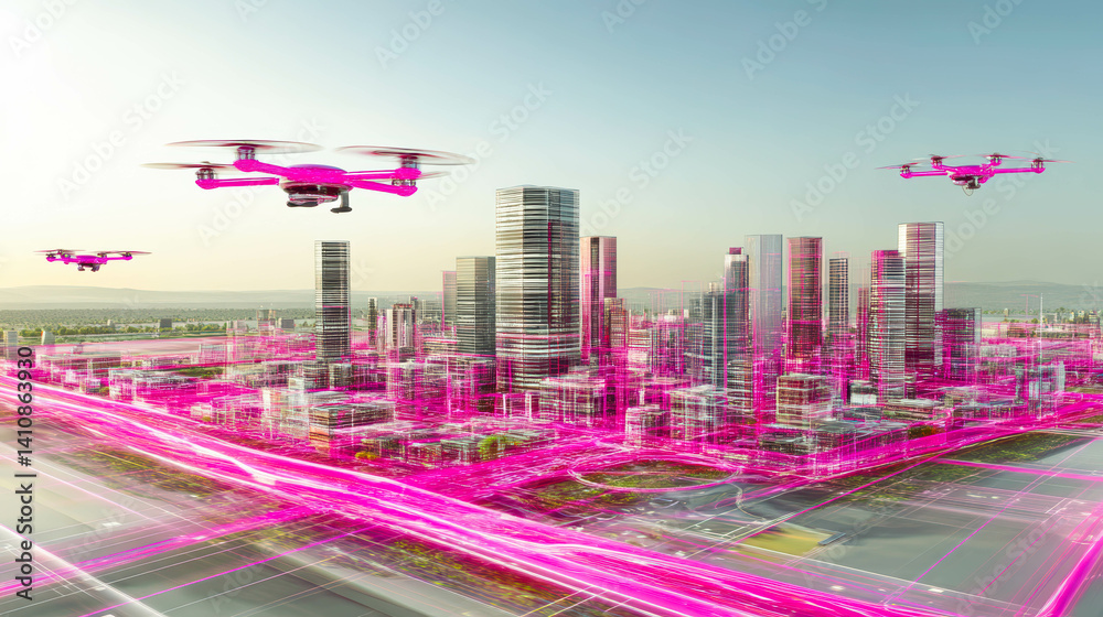 Poster digital cityscape with transparent skyscrapers and drones flying through grid-lit skies