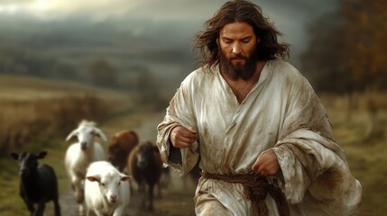 Fototapeta premium A Jesus Christ dressed in long, flowing garments walks purposefully along a dirt path, guiding a small group of sheep in a serene, pastoral landscape at twilight