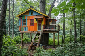 A fun camping activity with kids building a colorful treehouse in the woods, using tools and materials surrounded by lush greenery