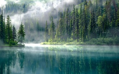 A tranquil lake in the Canadian Rockies, with vibrant turquoise waters reflecting the towering mountains