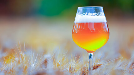 Fresh amber beer in a wheat field celebrates harvest and nature on International Beer Day