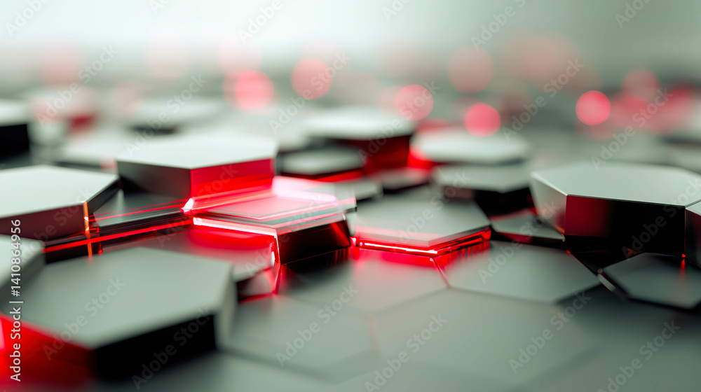 Poster Futuristic hexagon pattern with metallic surfaces illuminated by gradient lighting