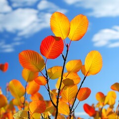 Fototapeta premium Vibrant Autumn Leaves Branch Sky Background